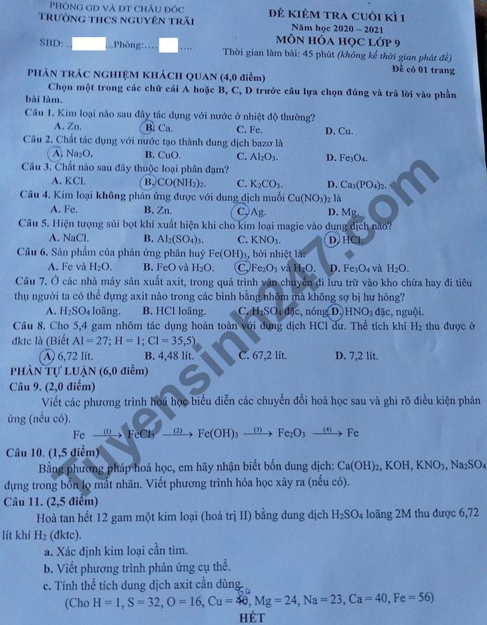 De kiem tra hoc ki 1 nam 2020 THCS Nguyen Trai mon Hoa lop 9