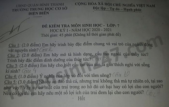 De thi HK1 nam 2020 mon Sinh lop 7 THCS Dien Bien