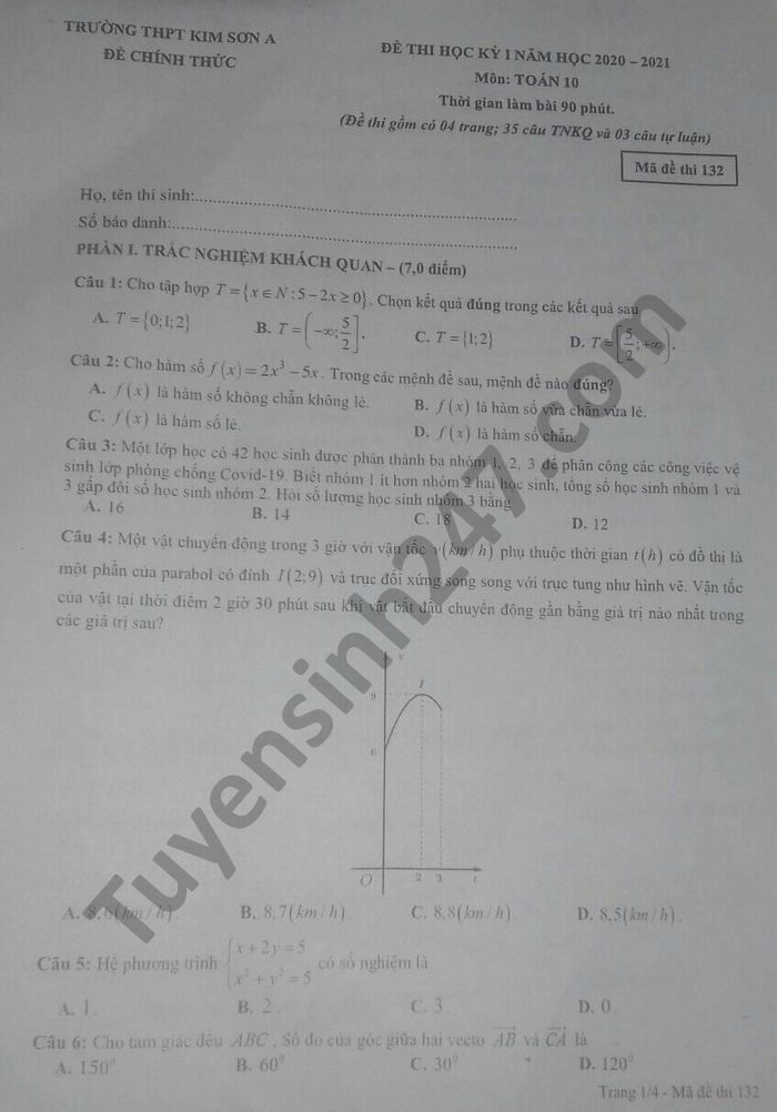 De thi HK1 THPT Kim Son A mon Toan lop 10 nam 2020