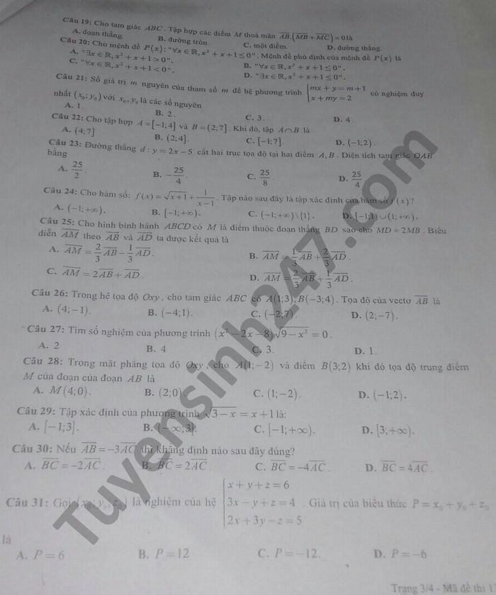 De thi HK1 THPT Kim Son A mon Toan lop 10 nam 2020