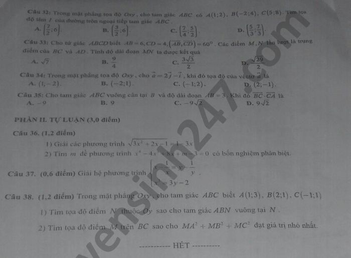 De thi HK1 THPT Kim Son A mon Toan lop 10 nam 2020
