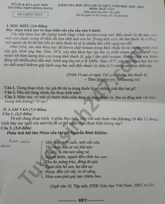 De thi HK1 THPT Dong Dang nam 2020 mon Van lop 10