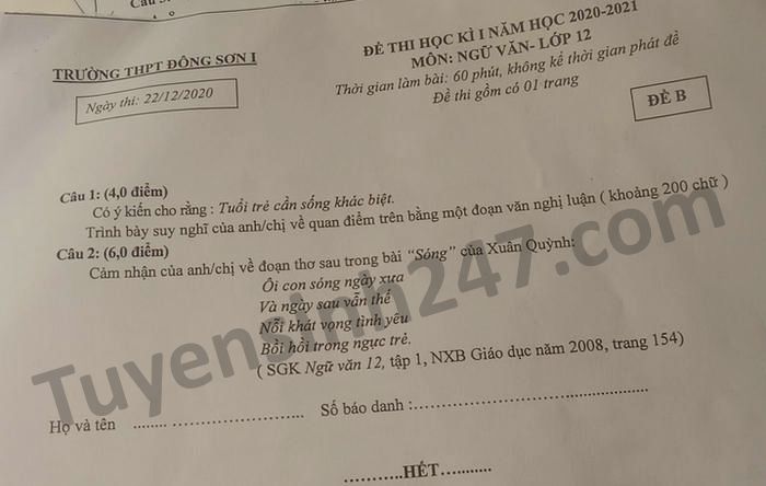 De thi HK1 lop 12 mon Van THPT Dong Son 1 nam 2020