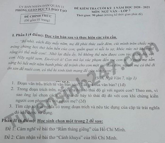 De kiem tra hoc ki 1 mon Van lop 7 Phong GD Quan 11 nam 2020