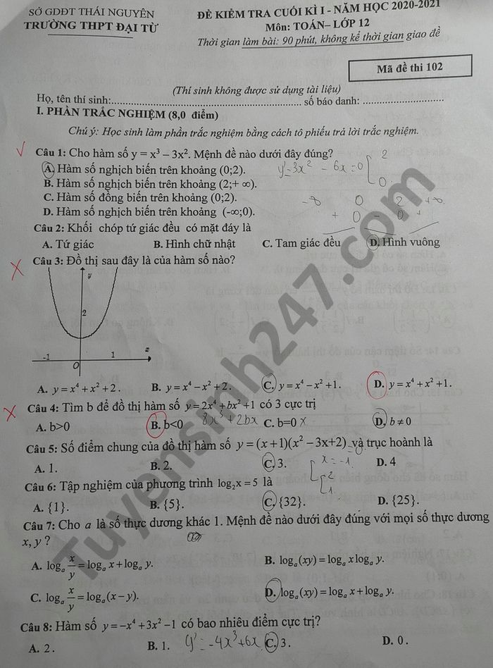 De thi HK1 mon Toan lop 12 nam 2020 THPT Dai Tu