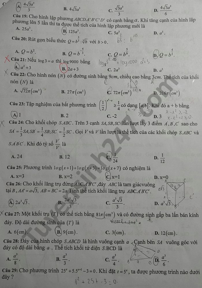 De thi HK1 mon Toan lop 12 nam 2020 THPT Dai Tu