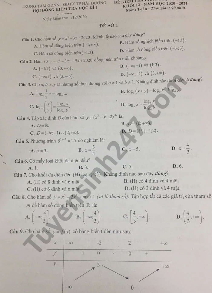 De thi HK1 mon Toan lop 12 TTGDNN-GDTX TP Hai Duong 2020