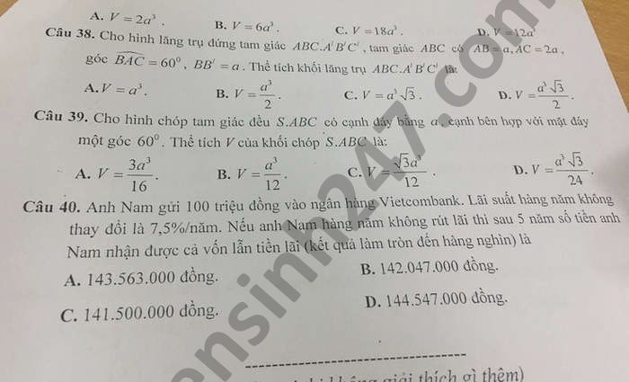 De thi HK1 mon Toan lop 12 TTGDNN-GDTX TP Hai Duong 2020