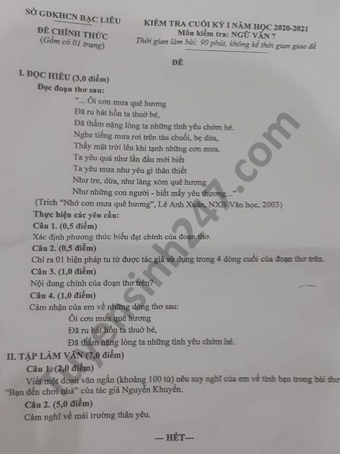 De thi HK1 mon Van lop 7 nam 2020 tinh Bac Lieu