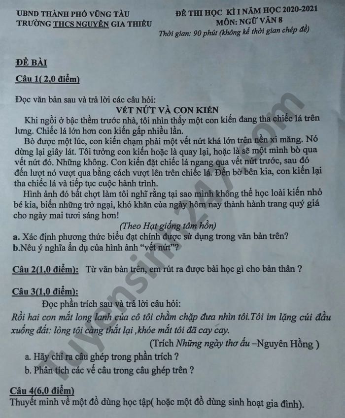 De thi HK1 nam 2020 THCS Nguyen Gia Thieu mon Van lop 8