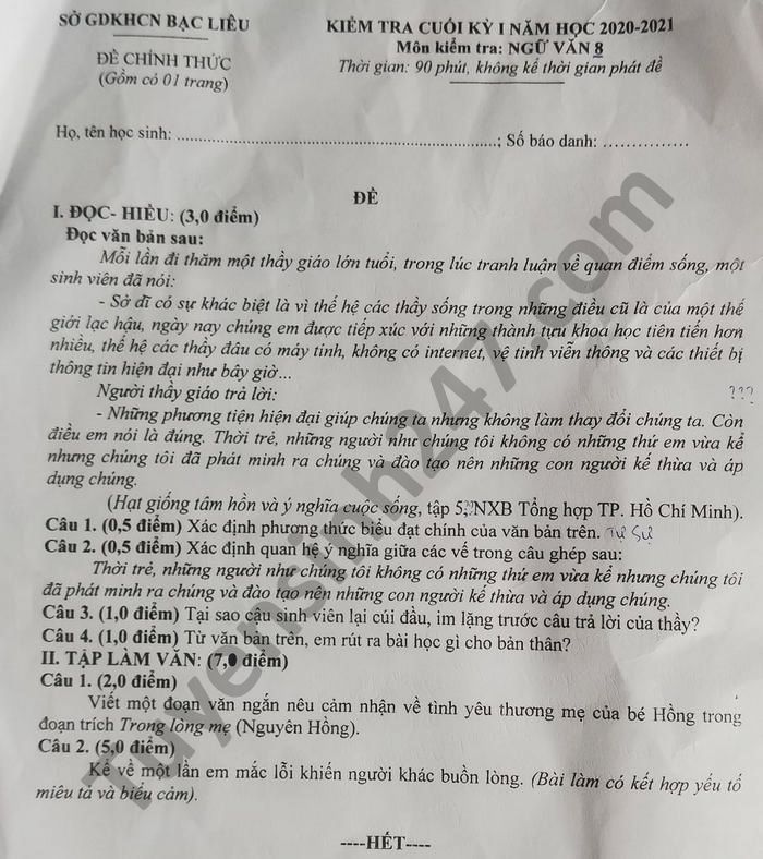 De kiem tra HK1 nam 2020 mon Van lop 8 tinh Bac Lieu