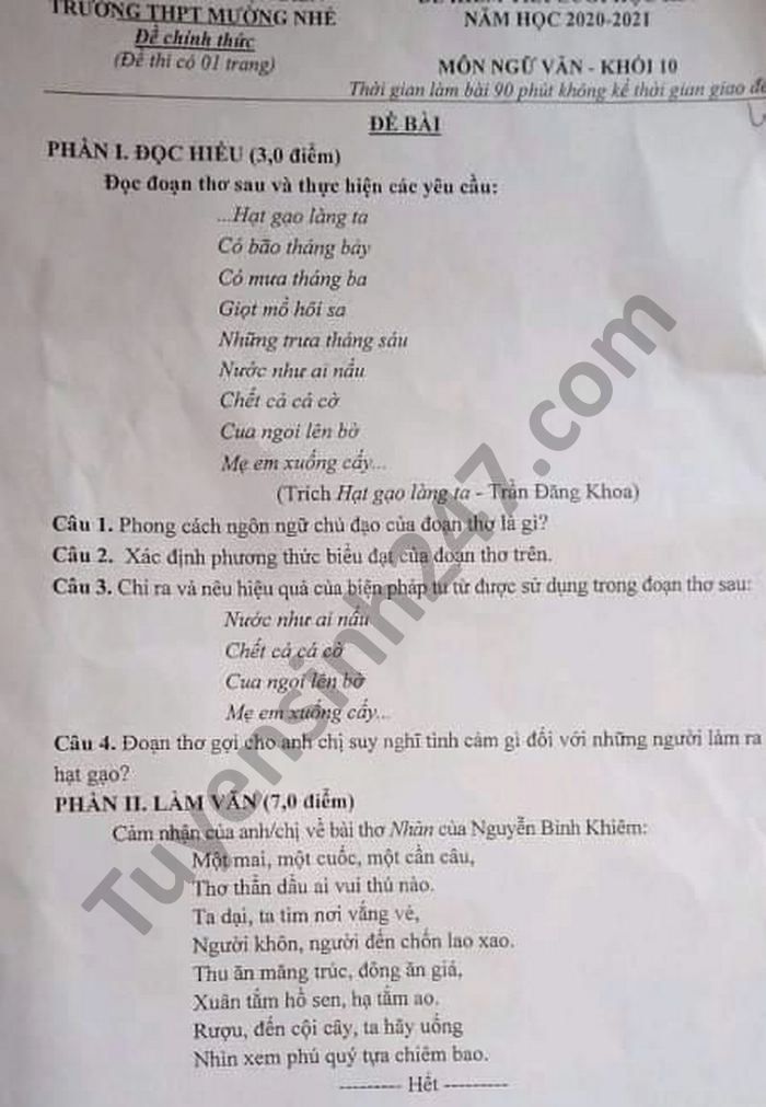 De thi hoc ki 1 lop 10 THPT Muong Nhe nam 2020 mon Van