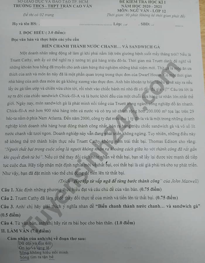 De thi hoc ki 1 THCS-THPT Tran Cao Van mon Van lop 12 2020