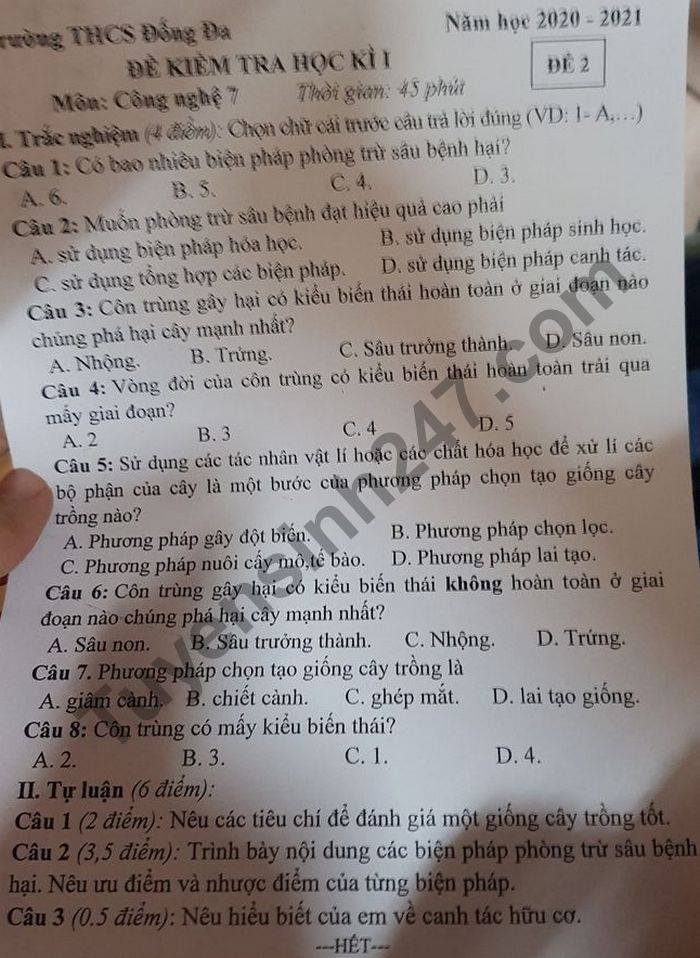 De thi hoc ki 1 THCS Dong Da mon Cong Nghe lop 7 nam 2020