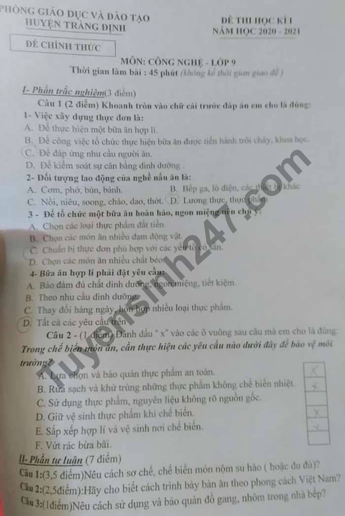 De thi hoc ki 1 nam 2020 mon Cong Nghe lop 9 huyen Trang Dinh