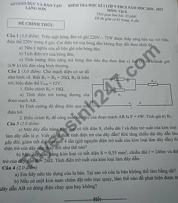 De thi hoc ki 1 mon Li lop 9 tinh Lang Son nam 2020