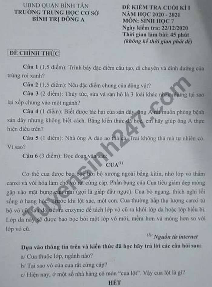 De thi hoc ki 1 THCS Binh Tri Dong A nam 2020 mon Sinh lop  7