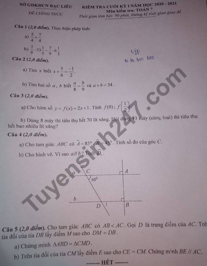 De thi hoc ki 1 So GDKHCN Bac Lieu mon Toan lop 7 nam 2020
