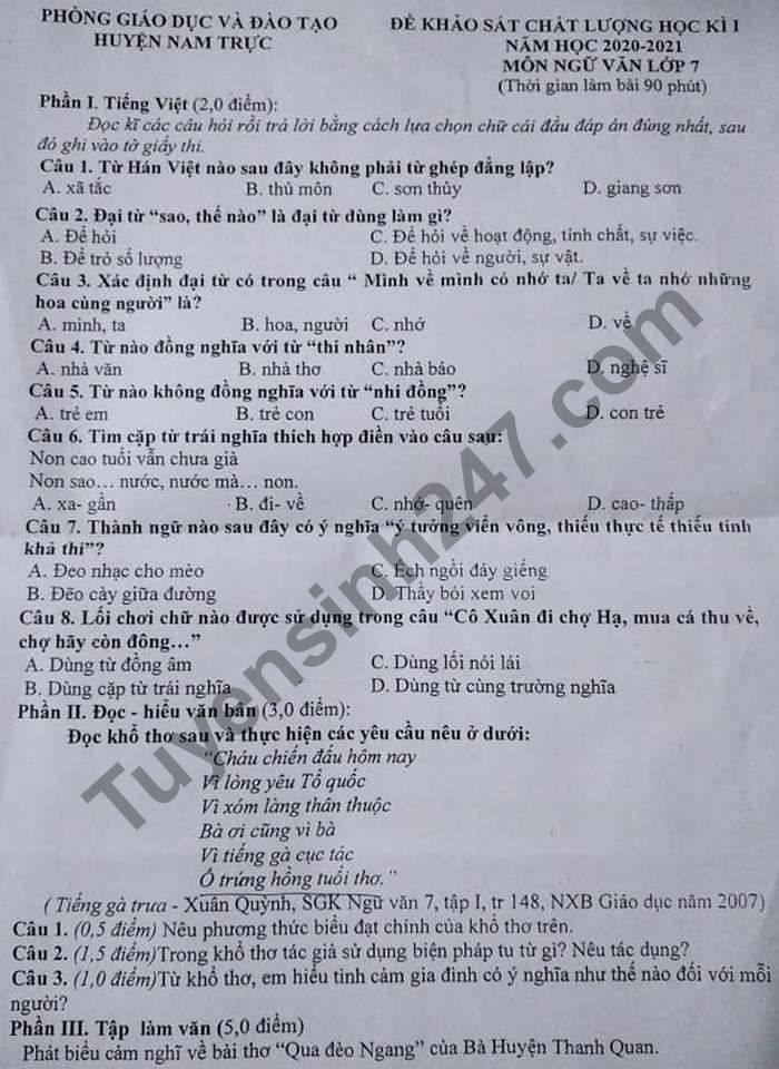 De thi hoc ki 1 mon Van lop 7 huyen Nam Truc nam 2020