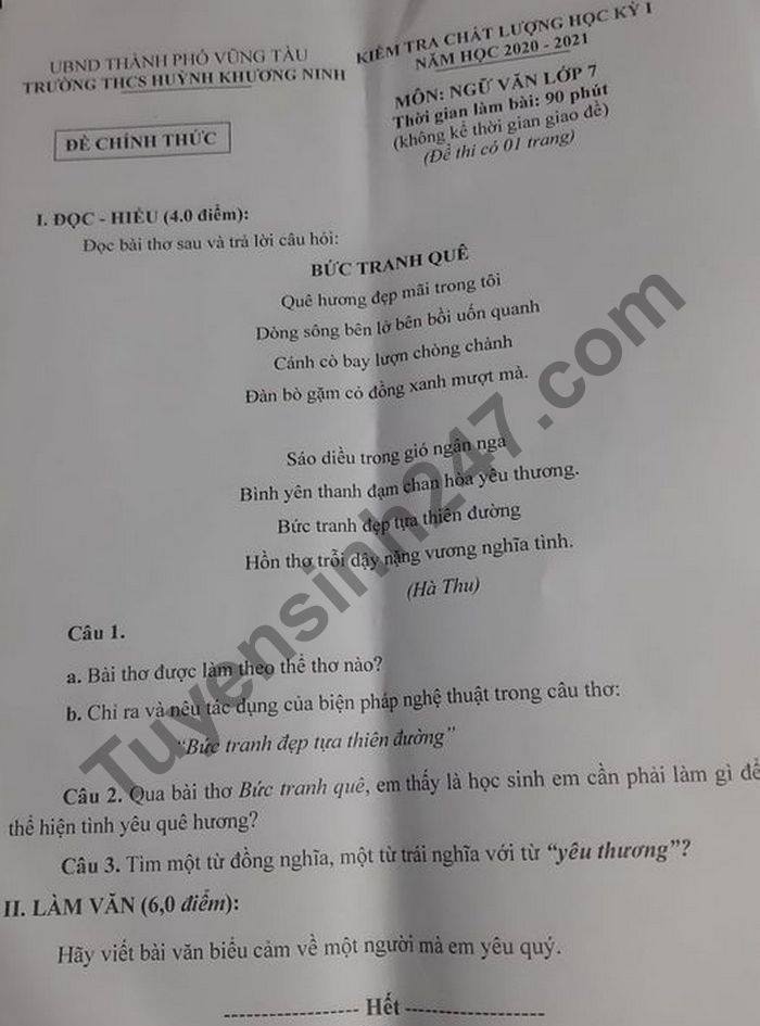 De thi hoc ki 1 lop 7 mon Van THCS Huynh Khuong Ninh 2020