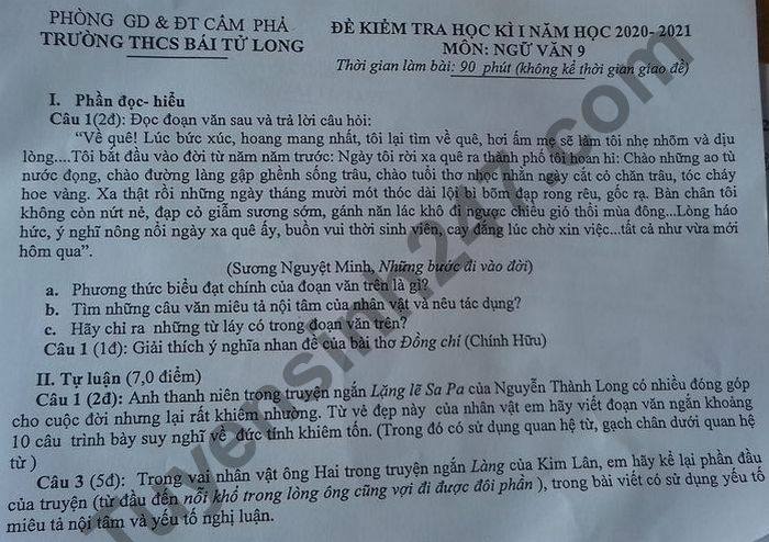 De thi hoc ki 1 THCS Bai Tu Long mon Van lop 9 nam 2020