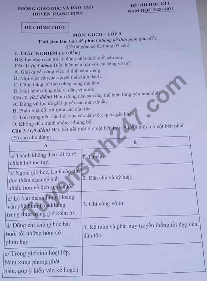 De thi hoc ki 1 lop 9 mon GDCD Phong GD huyen Trang Dinh 2020