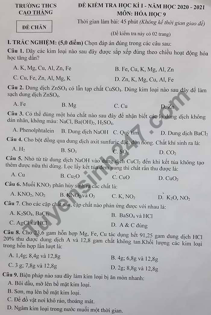 De thi hoc ki 1 THCS Cao Thang nam 2020 mon Hoa lop 9