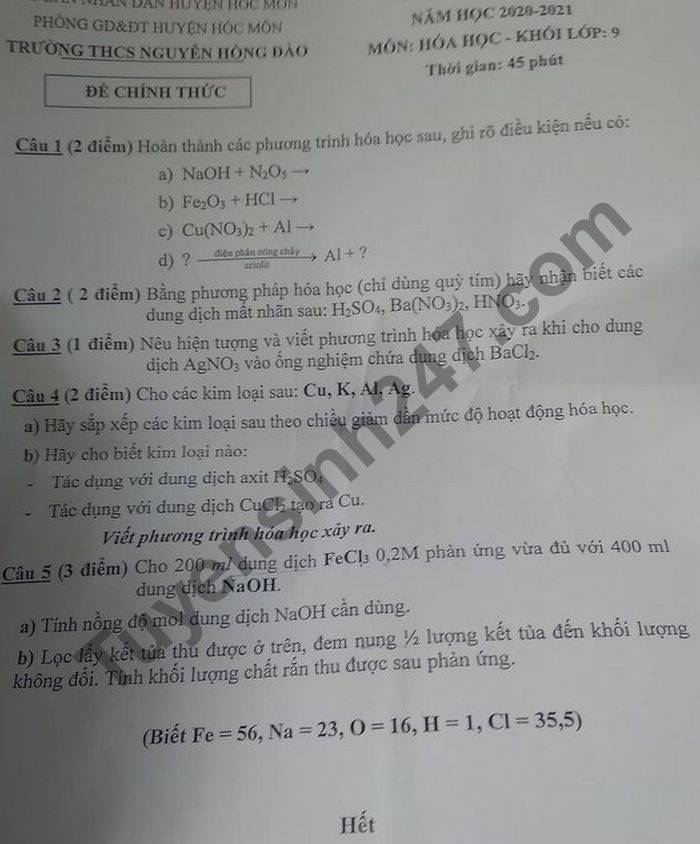 De thi hoc ki 1 nam 2020 mon Hoa lop 9 THCS Nguyen Hong Dao