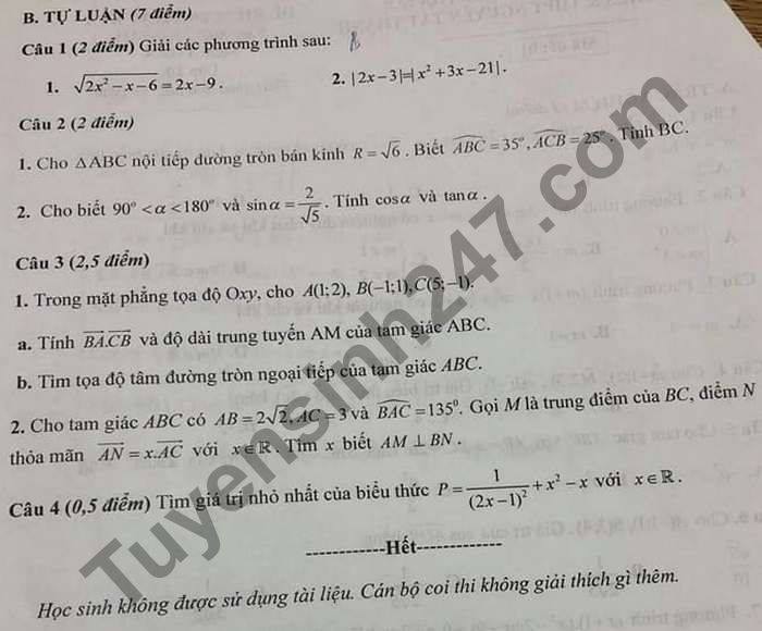 De thi hoc ki 1 Toan lop 10 THCS-THPT Nguyen Tat Thanh 2020