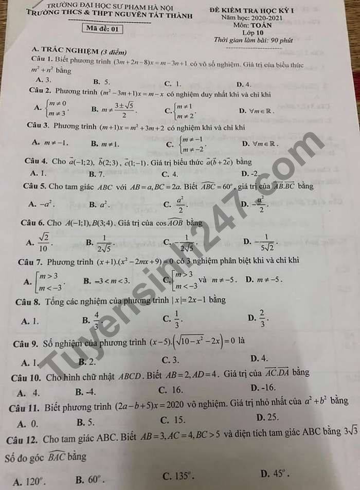 De thi hoc ki 1 Toan lop 10 THCS-THPT Nguyen Tat Thanh 2020