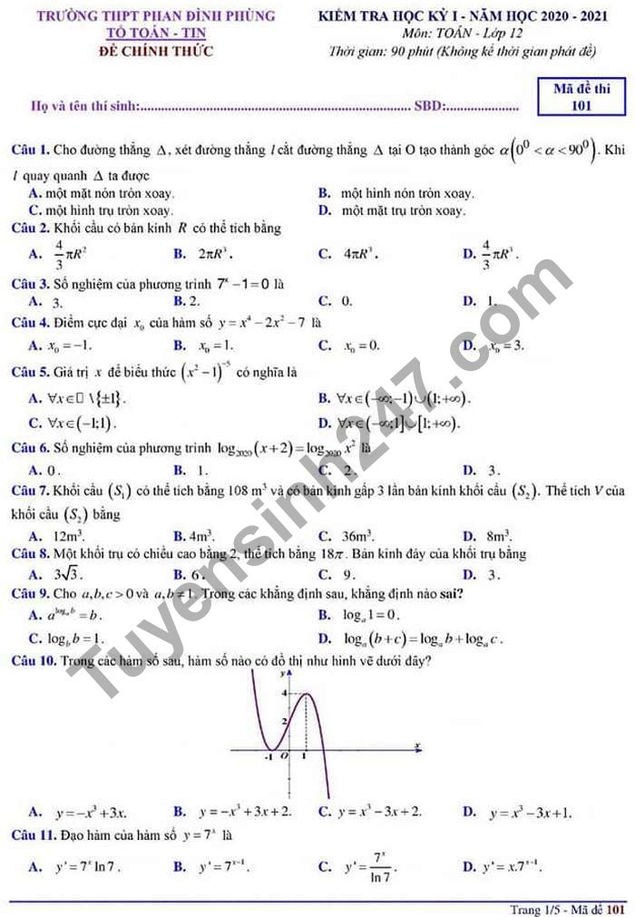 De kiem tra hoc ki 1 mon Toan lop 12 THPT Phan Dinh Phung 2020
