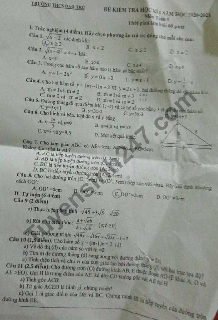 De thi hoc ki 1 nam 2020 mon Toan lop 9 THCS Dao Tru