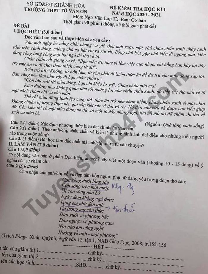 De thi hoc ki 1 THPT To Van On nam 2020 mon Van lop 12
