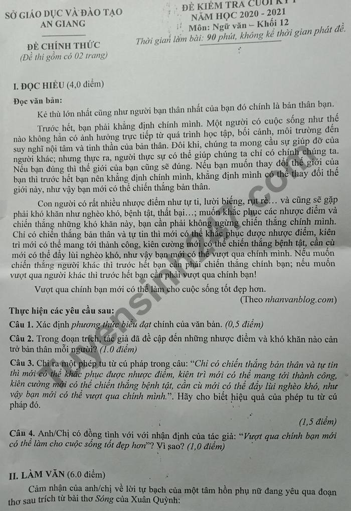 De thi hoc ki 1 So GD An Giang mon Van lop 12 nam 2020