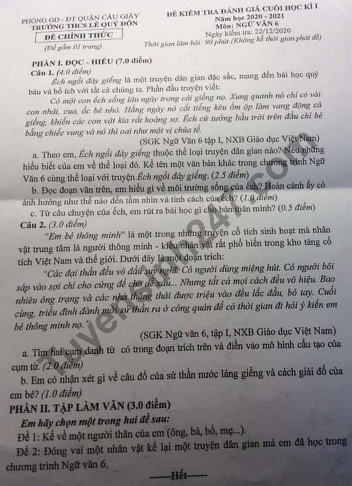 De thi hoc ki 1 mon Van lop 6 THCS Le Quy Don nam 2020