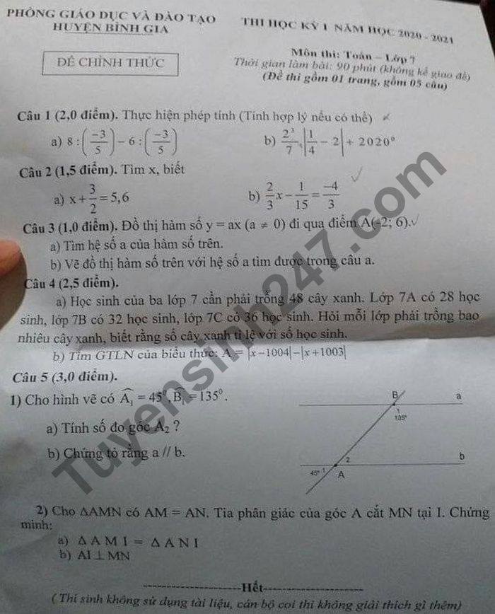 De thi hoc ki 1 nam 2020 mon Toan lop 7 Phong GD huyen Binh Gia