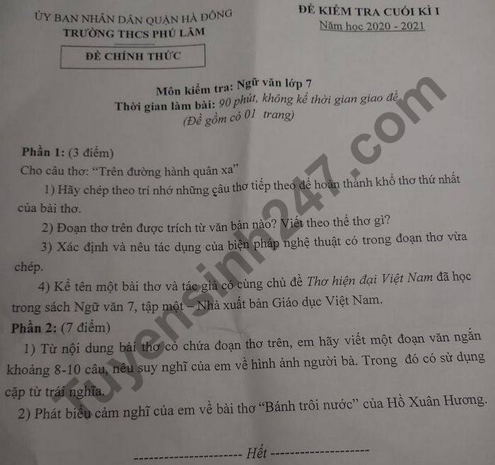 De thi hoc ki 1 mon Van lop 7 THCS Phu Lam nam 2020