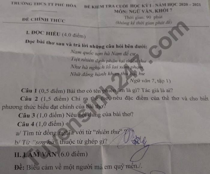 De thi hoc ki 1 THCS TT Phu Hoa nam 2020 mon Van lop 7