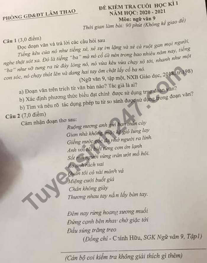 De thi hoc ki 1 phong GD Lam Thao mon Van lop 9 nam 2020