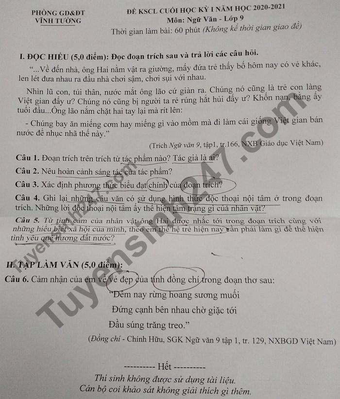 De thi hoc ki 1 mon Van lop 9 Phong GD Vinh Tuong nam 2020