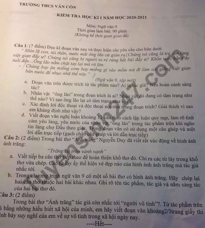 De thi hoc ki 1 THCS Van Con nam 2020 mon Van lop 9