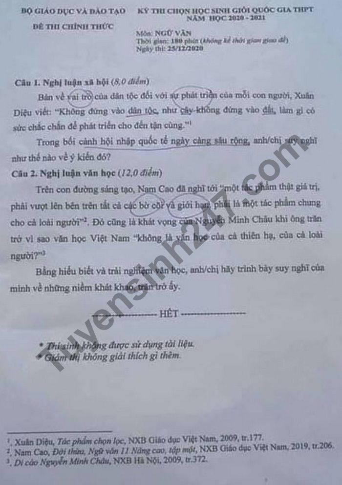 De thi hoc sinh gioi quoc gia mon Ngu van nam 2020