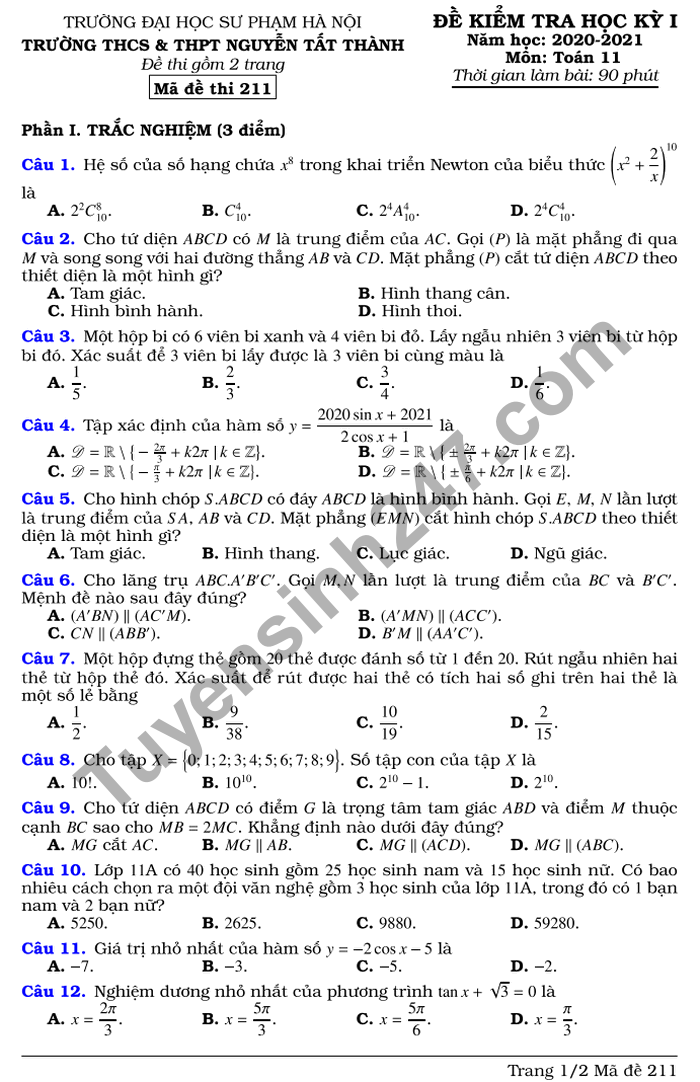 De thi hoc ki 1 mon Toan lop 11 THCS&THPT Nguyen Tat Thanh 2020