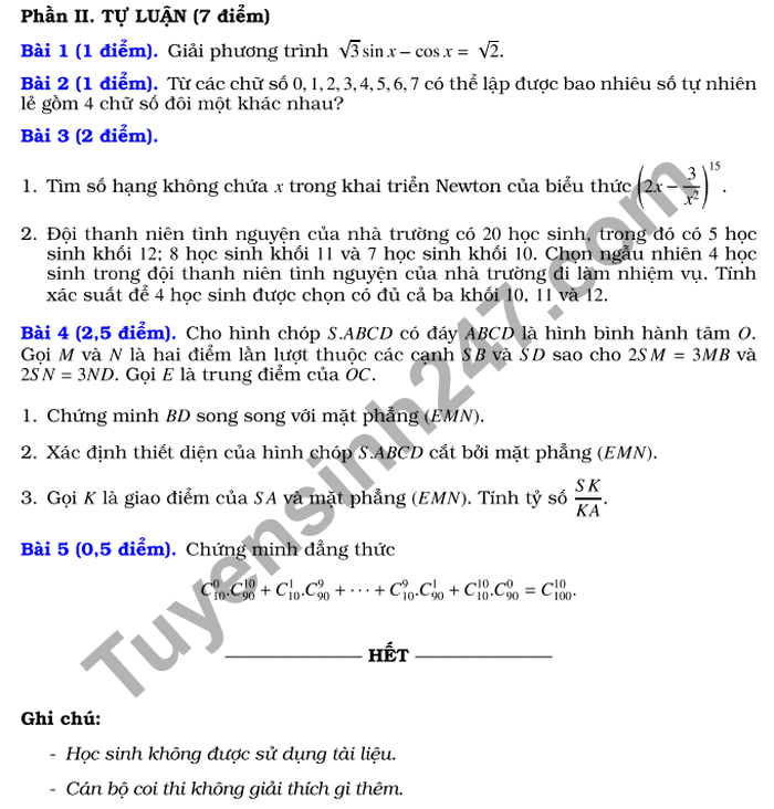 De thi hoc ki 1 mon Toan lop 11 THCS&THPT Nguyen Tat Thanh 2020