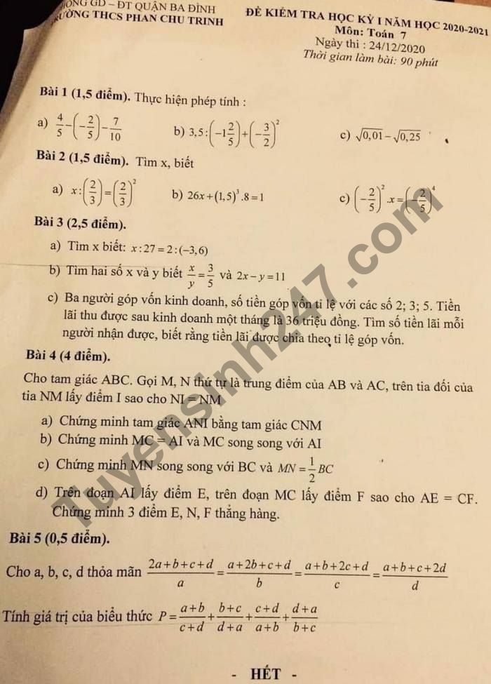 De thi hoc ki 1 THCS Phan Chu Trinh nam 2020 lop 7 mon Toan
