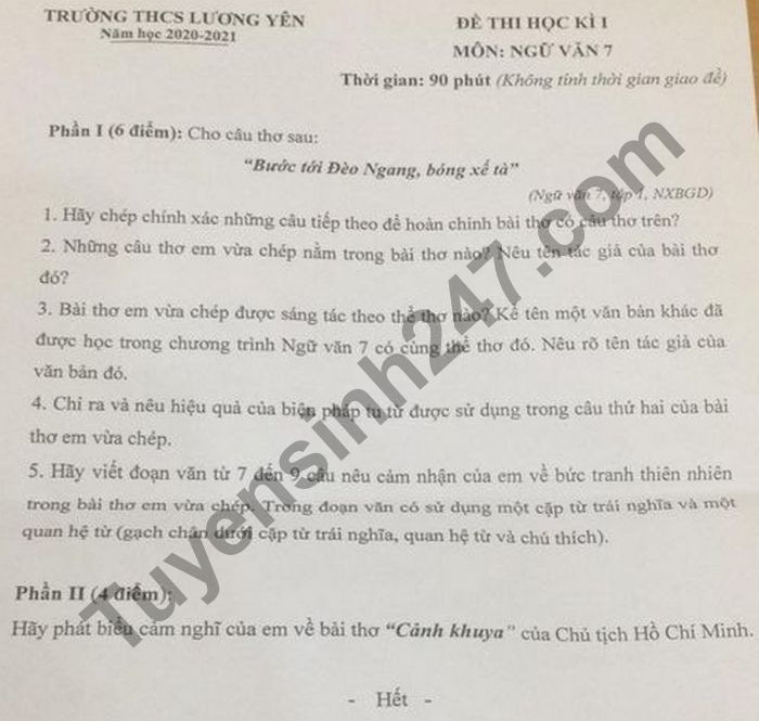 De thi hoc ki 1 mon Van lop 7 Truong THCS Luong Yen 2020