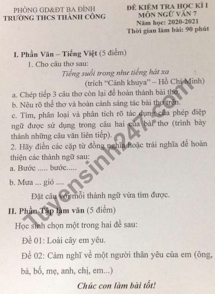 De thi hoc ki 1 nam 2020 THCS Thanh Cong mon Van lop 7