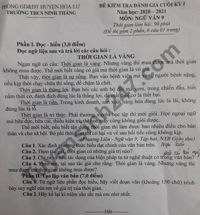 De thi hoc ki 1 nam 2020 mon Van lop 9 THCS Ninh Thang