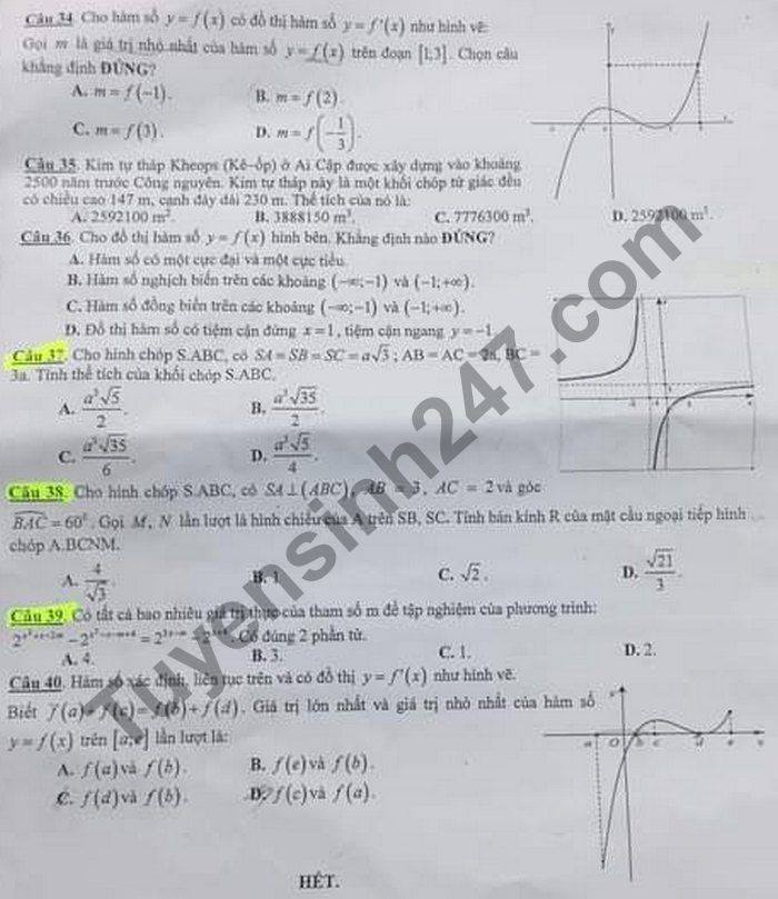 De thi hoc ki 1 nam 2020 THPT Nguyen Huu Huan Toan lop 12