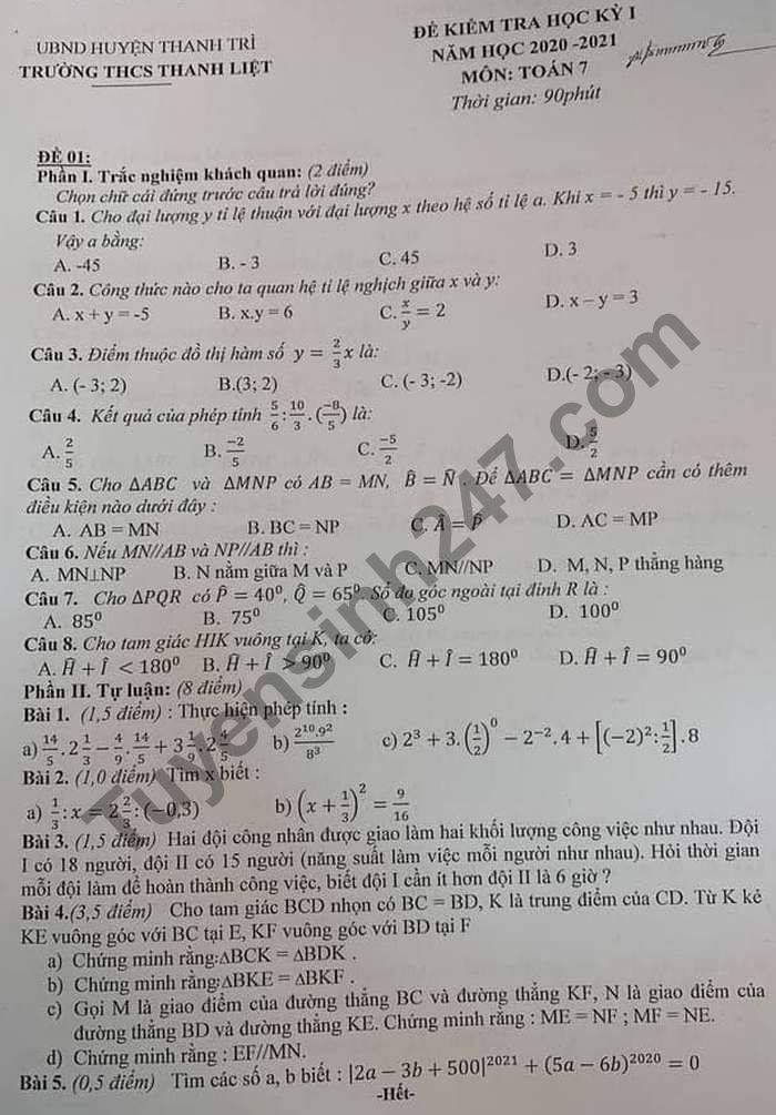 De thi hoc ki 1 lop 7 mon Toan THCS Thanh Liet nam 2020